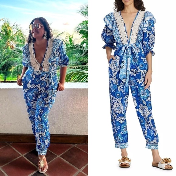 FARM RIO Linen Floral Paisley Puff Sleeve Ruffle Lace V-Neck Tie Belt Jumpsuit S - Picture 2 of 16